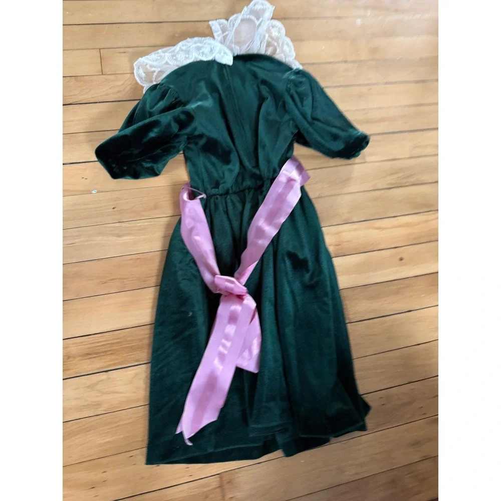Vintage Bonnie Jean green velour white lace tie back bow holiday dress girls